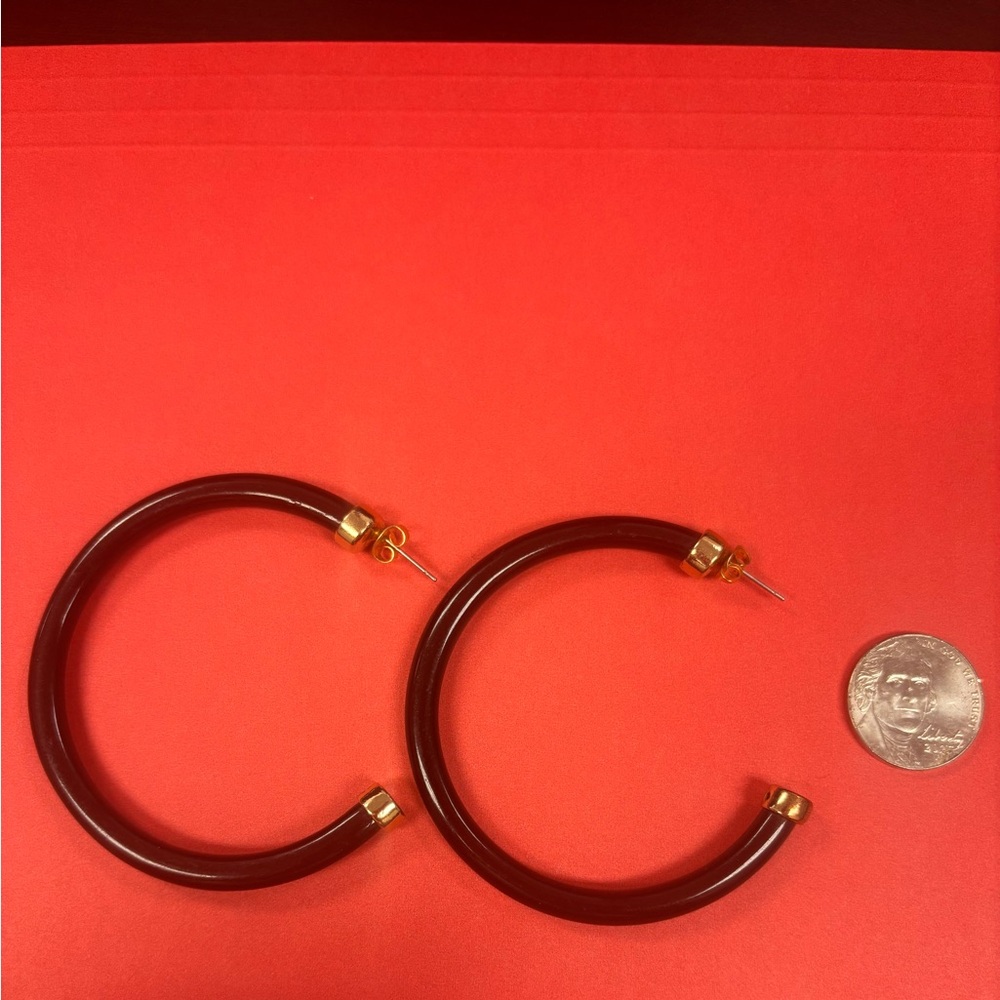 HOO  Black acrylic Hoop Earrings with Gold Accents. Hypoallergenic post. - Picture 2 of 3